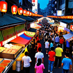 **A vibrant night market in Taiwan, overflowing with colorful street food stalls and bustling crowds.**