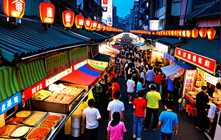 **A vibrant night market in Taiwan, overflowing with colorful street food stalls and bustling crowds.**